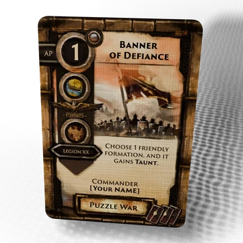Banner of Defiance card with a customizable banner, three symbols, legion name, and commander name.
